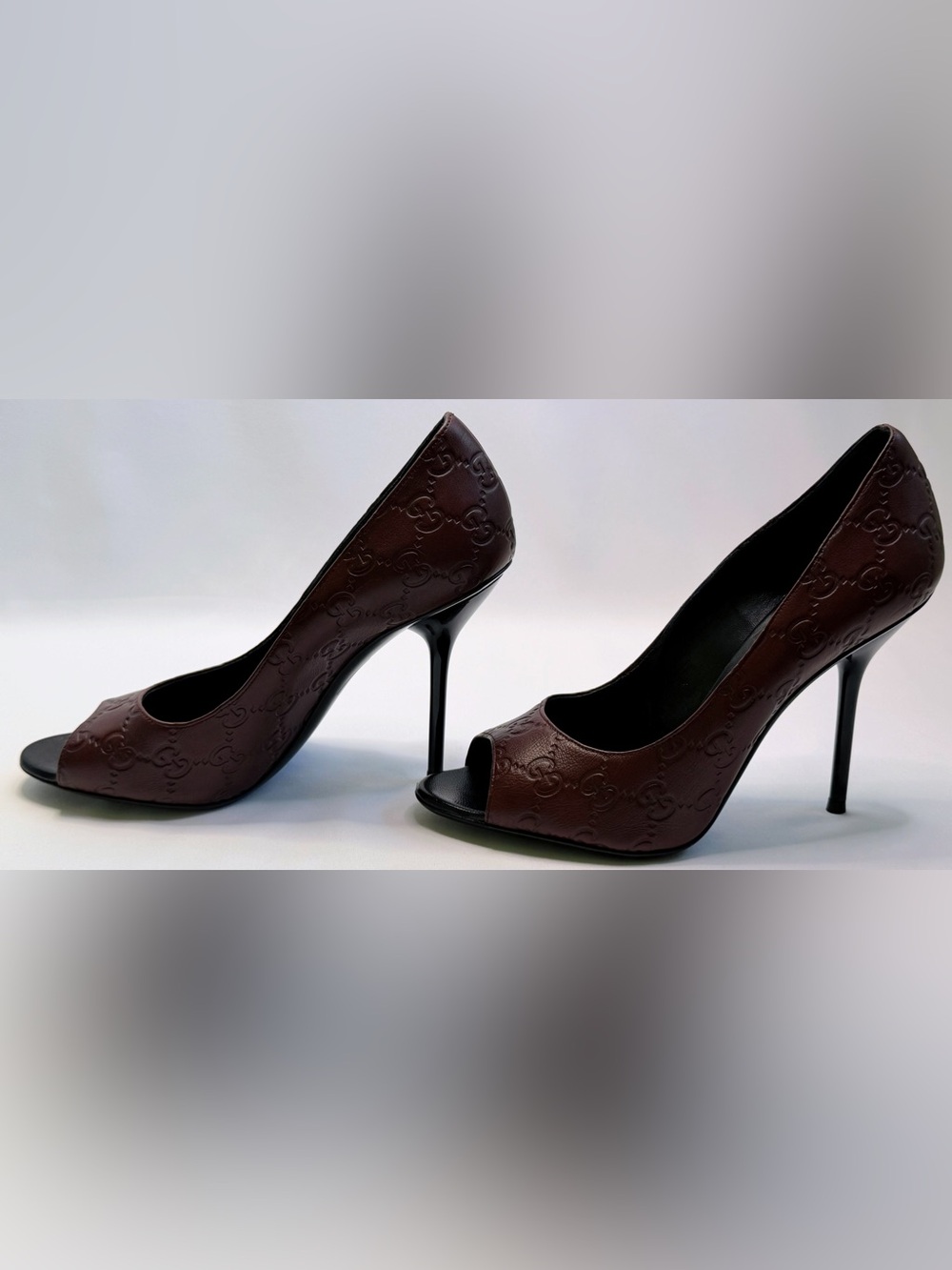 Gucci Aleppo Maroon Guccissima Embossed Leather Peep Toe Stiletto Pumps 38.5 - Picture 5 of 10